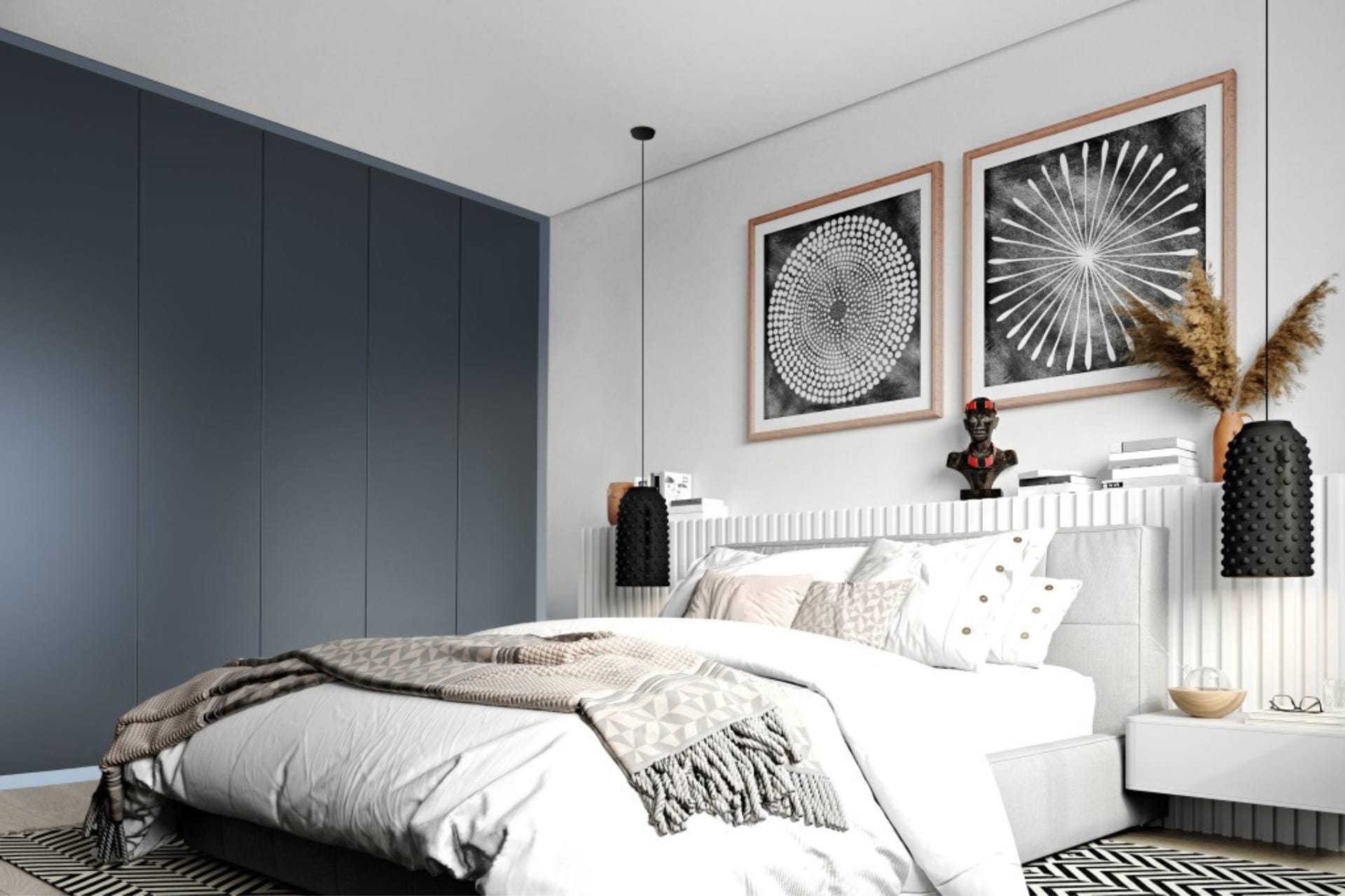 Modern bedroom with slate blue fitted wardrobe panels, white ribbed headboard and monochrome wall art