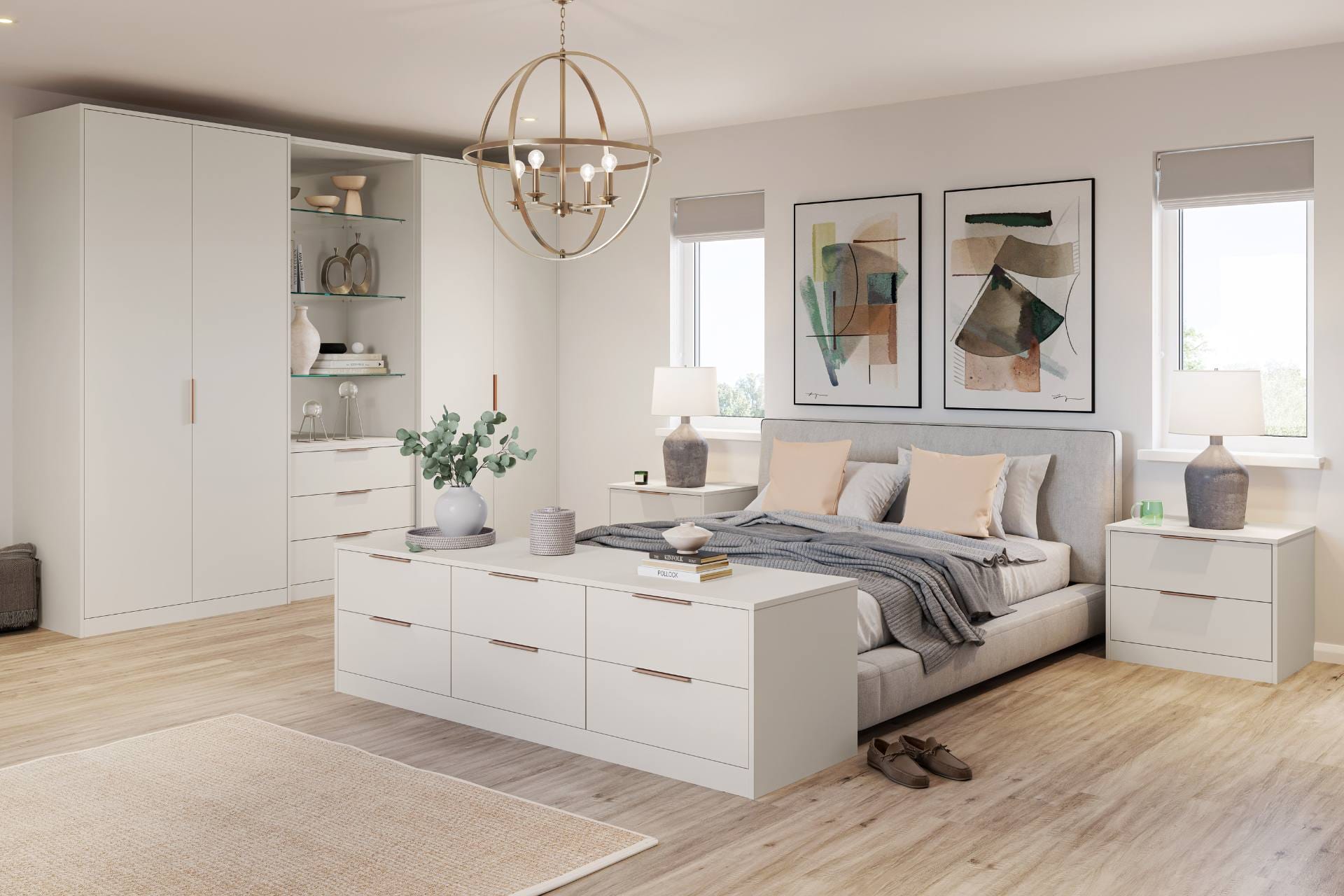 Contemporary white fitted bedroom furniture with open shelving, chest of drawers and gold pendant light