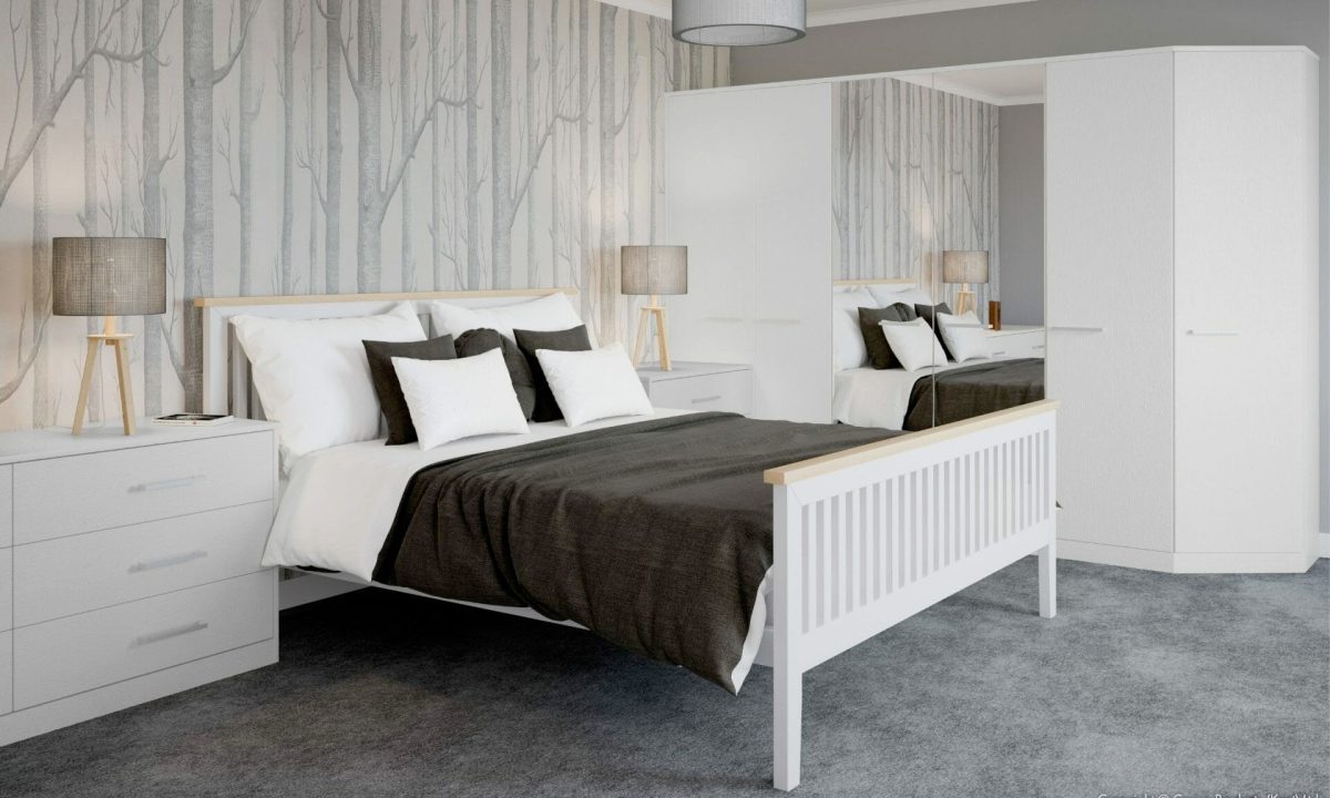 Modern fitted bedroom with white wardrobes, mirrored doors and coordinated bedside storage